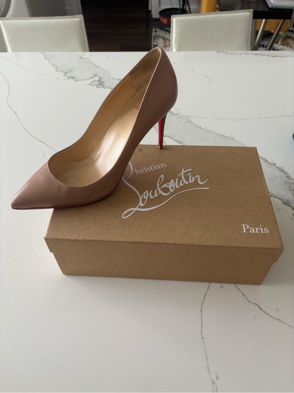 Genuine Christian Louboutin Nude Pink Leather Pointed-Toe Pump with Red Sole